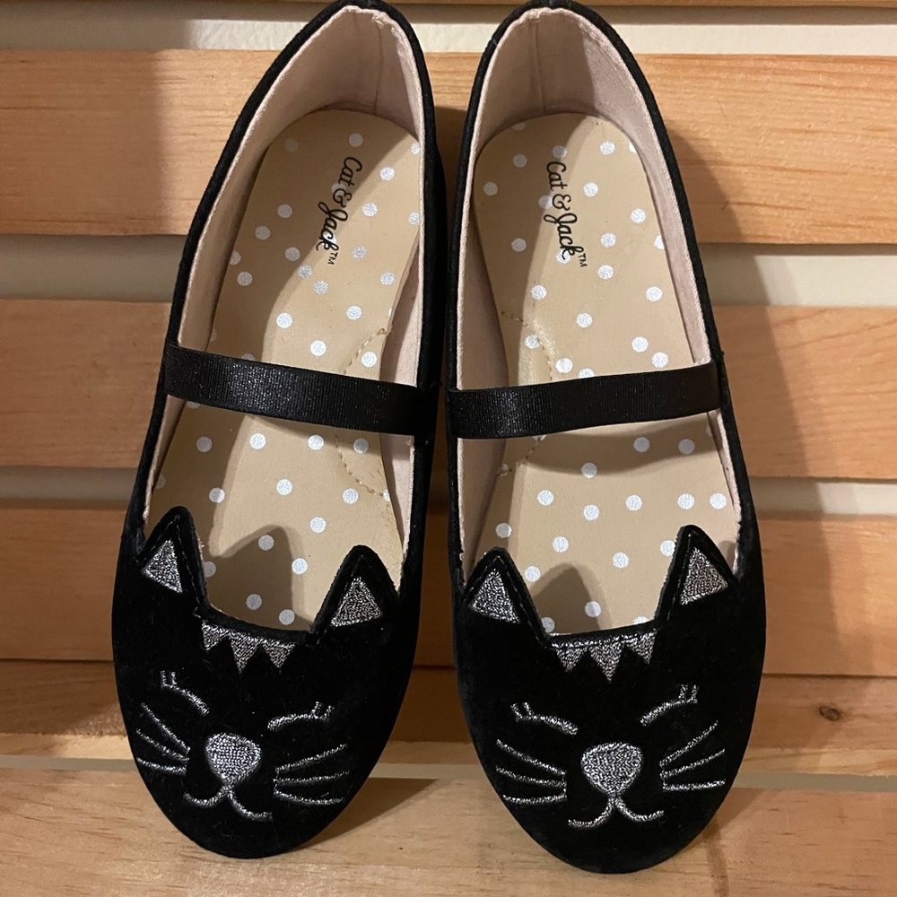 Toddler Girls Black and Silver Cat Ballet Flats with Elastic Strap Size 10